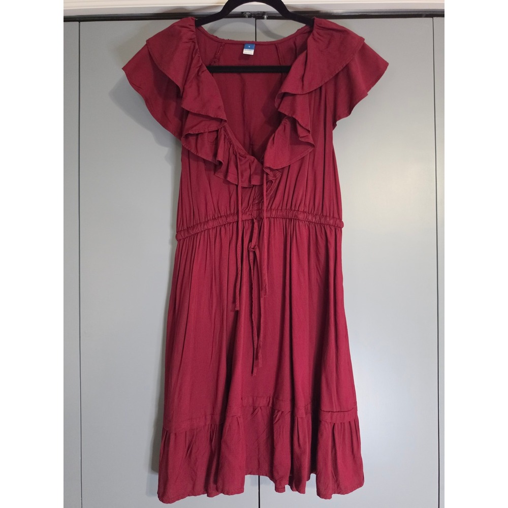 NWT Old Navy Ruffle V-Neck Mini Dress S Burgundy Red Flutter Sleeve Tiered Hem